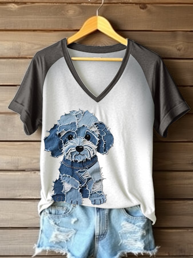 Women's Retro Funny Denim Patch Animal Dog Print Raglan Short Sleeve T-Shirt