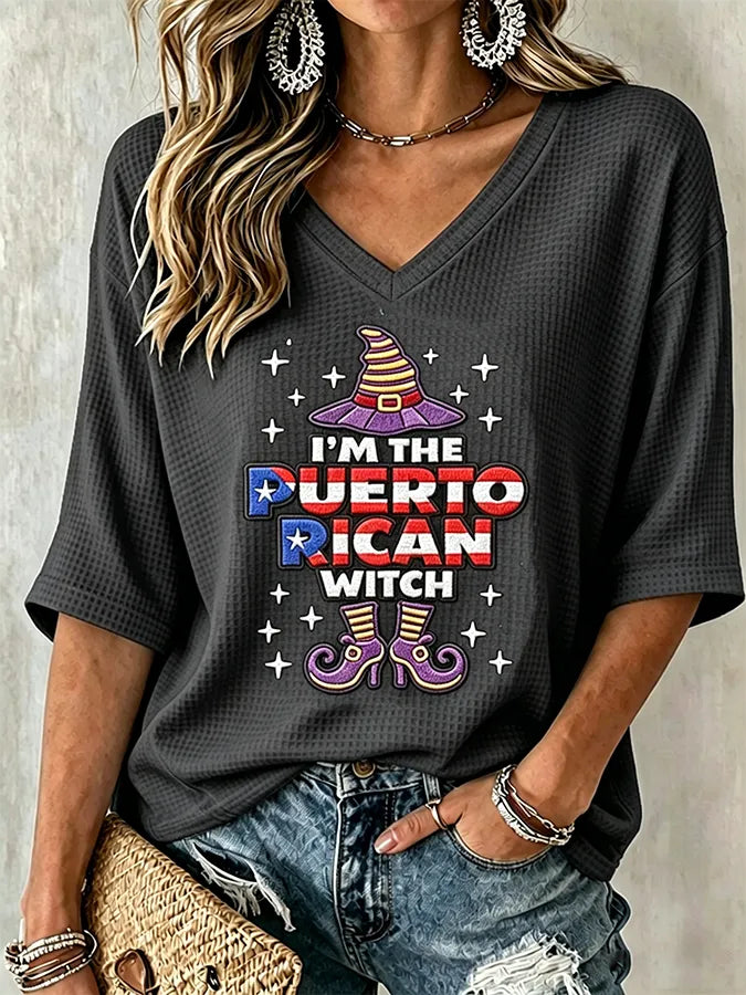 🎃Women's Halloween In Puerto Rico Print Waffle-Knit Top