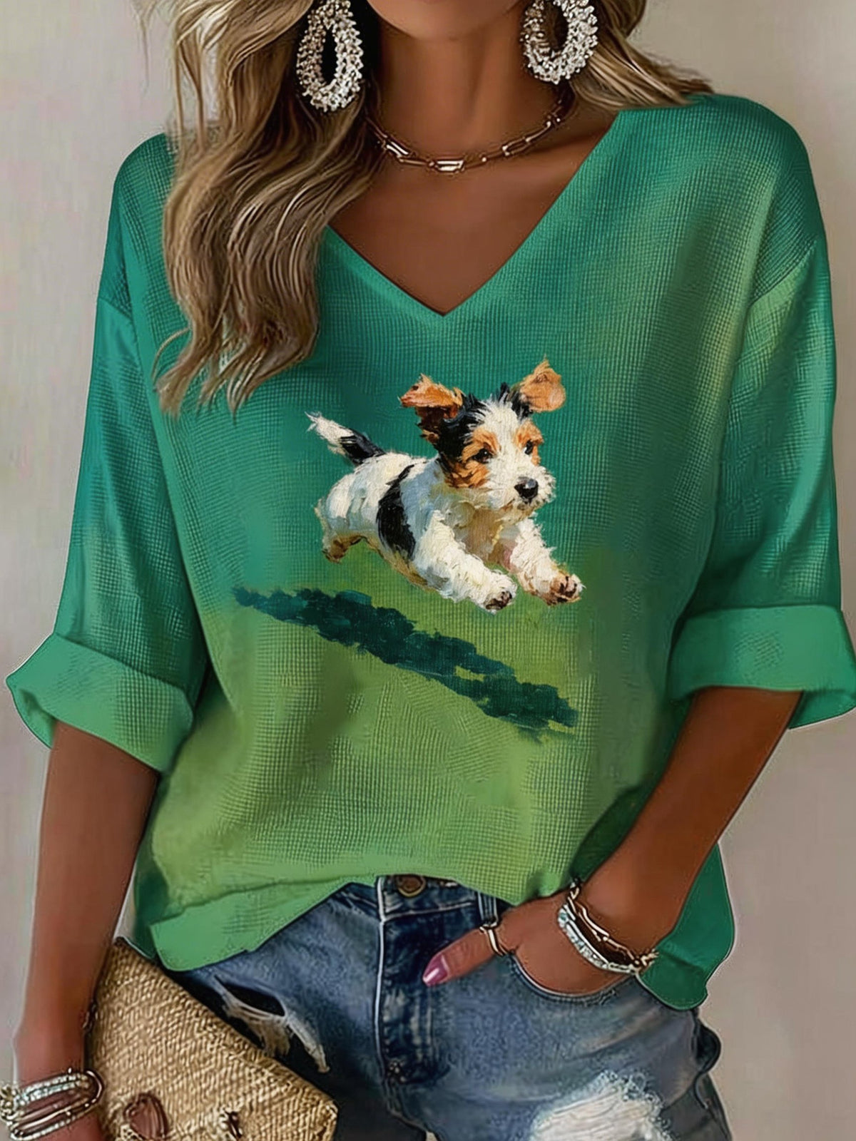 Women's Cute Dog Print V-Neck Top