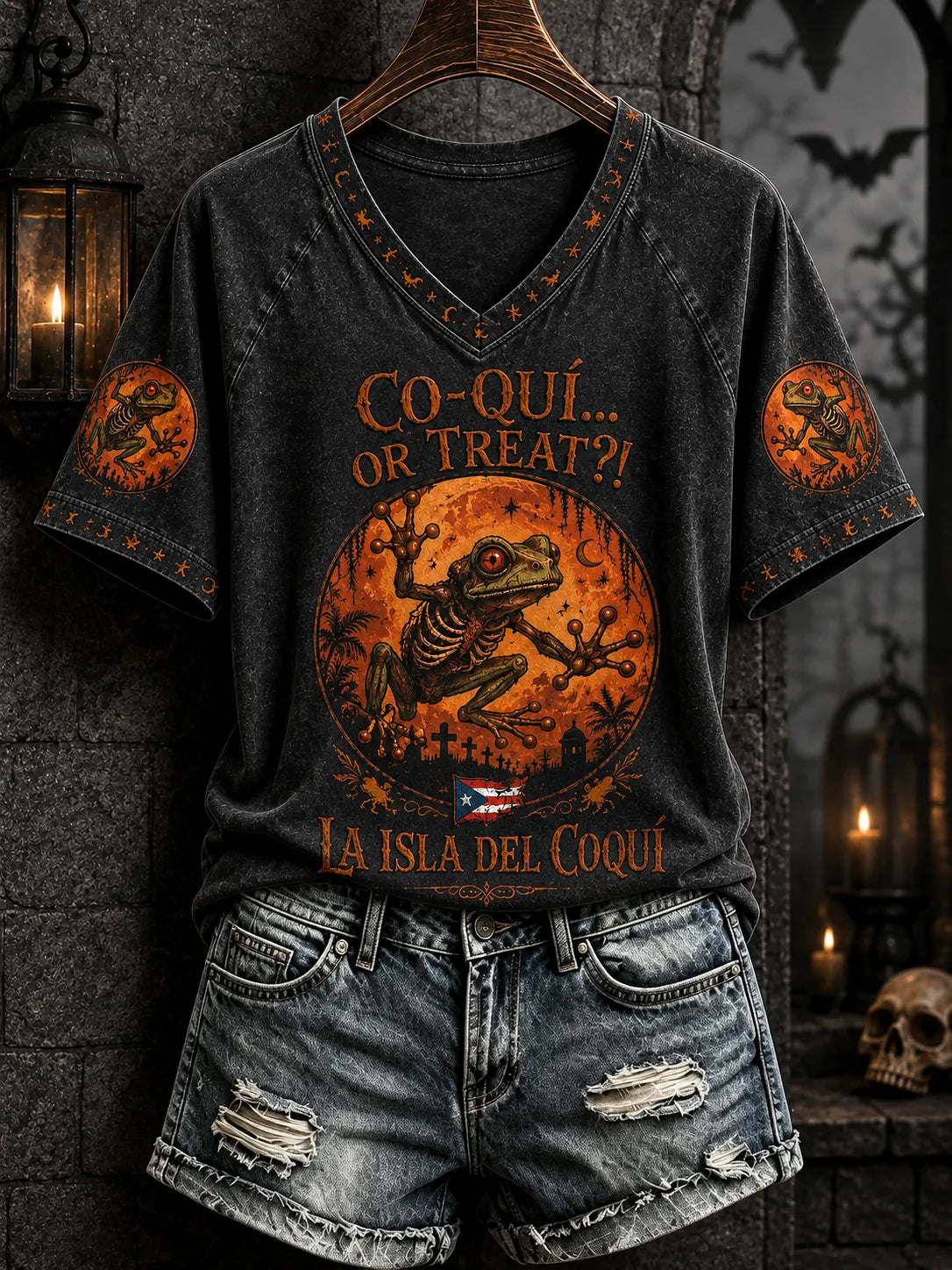 🎃Women's Puerto Rico Halloween Art Print T-Shirt