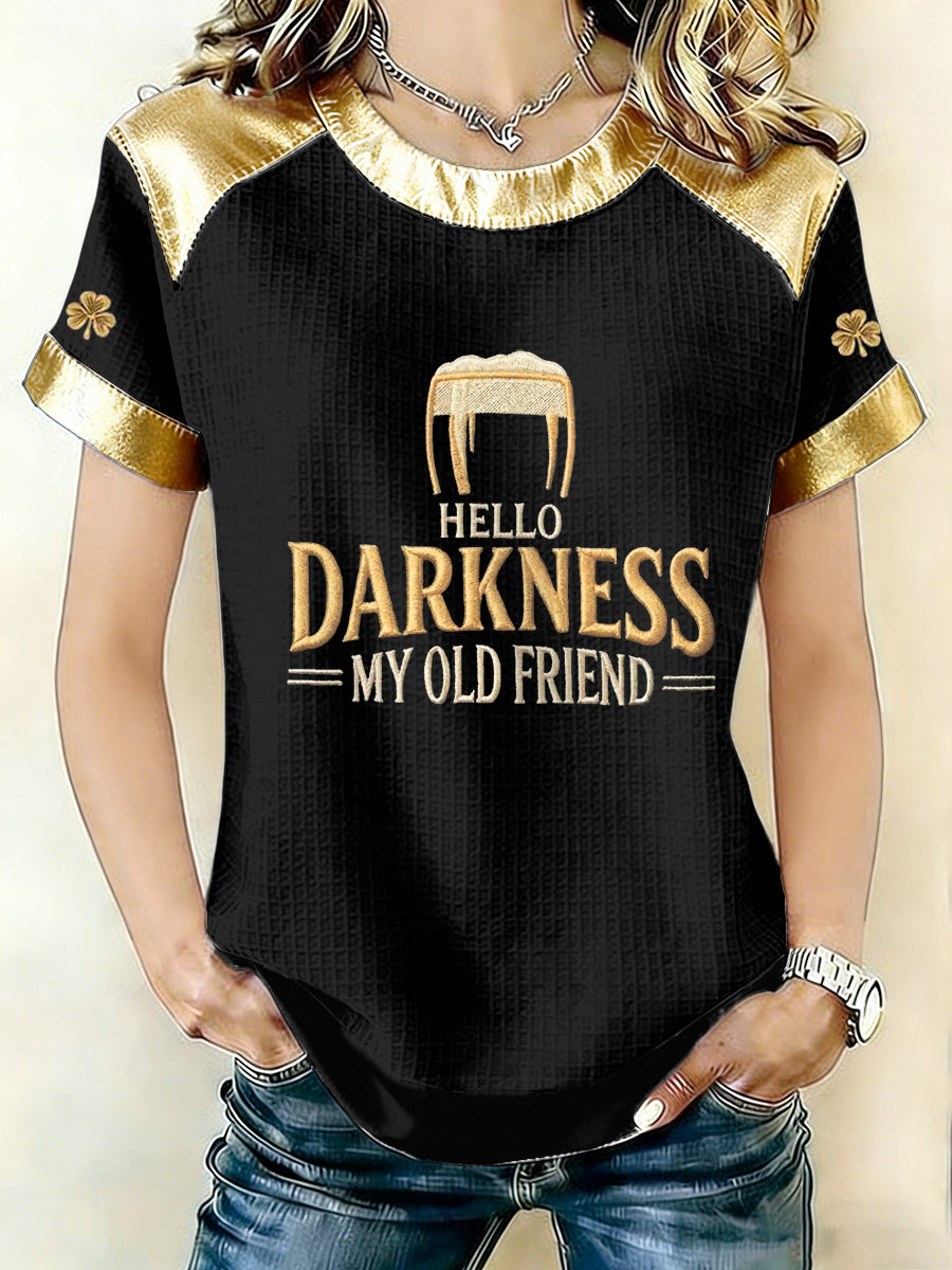 Women's Hello Darkness My Old Friend Patchwork Print Waffle T-Shirt