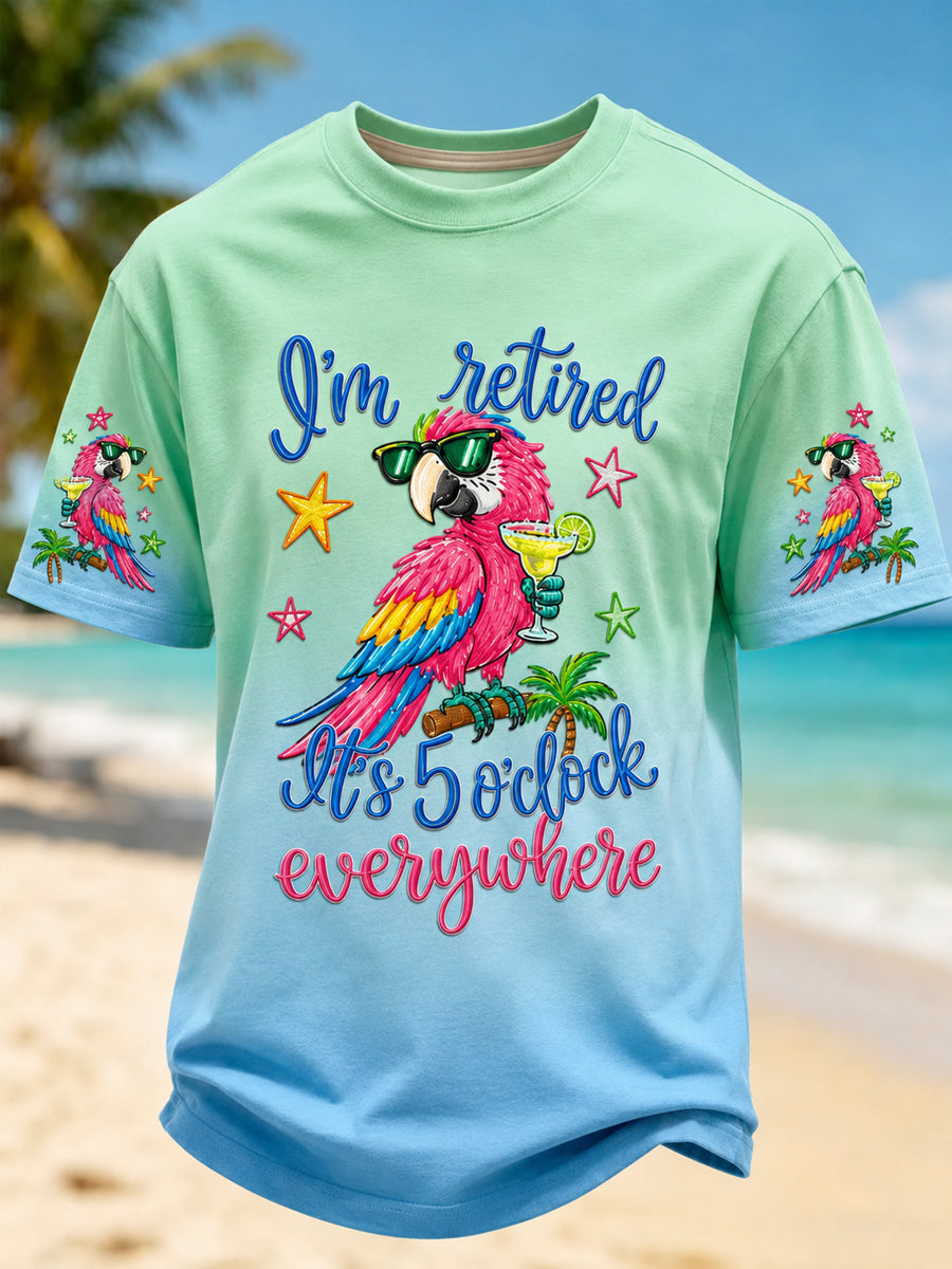 Men's I'm Retired It's 5 O'clock Everywhere Parrot Print Short Sleeve T-shirt