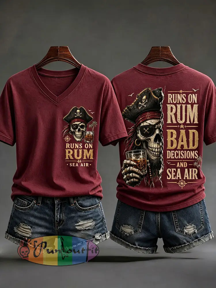 Women's 'Runs On Rum, Bad Decisions, And Sea Air' V-Neck T-Shirts