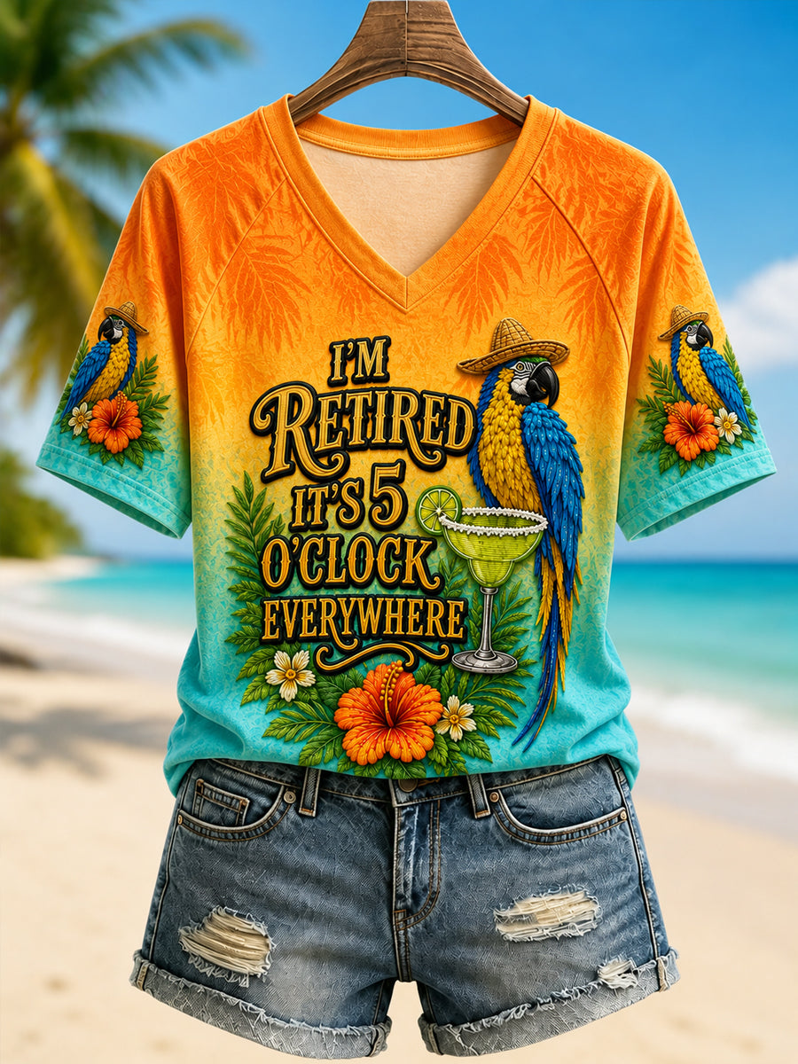 Women's I'm Retired It's 5 O'clock Everywhere Parrot V-neck Short Sleeve T-shirt