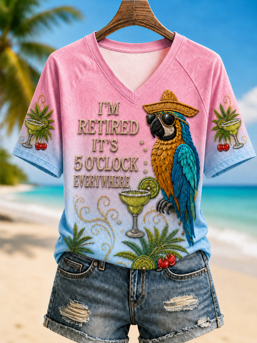Women's I'm Retired It's 5 O'clock Everywhere Parrot V-neck Short Sleeve T-shirt