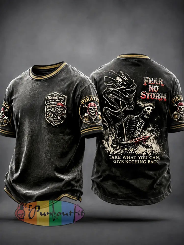 Men’s Black Pirate-Print Casual T-shirt