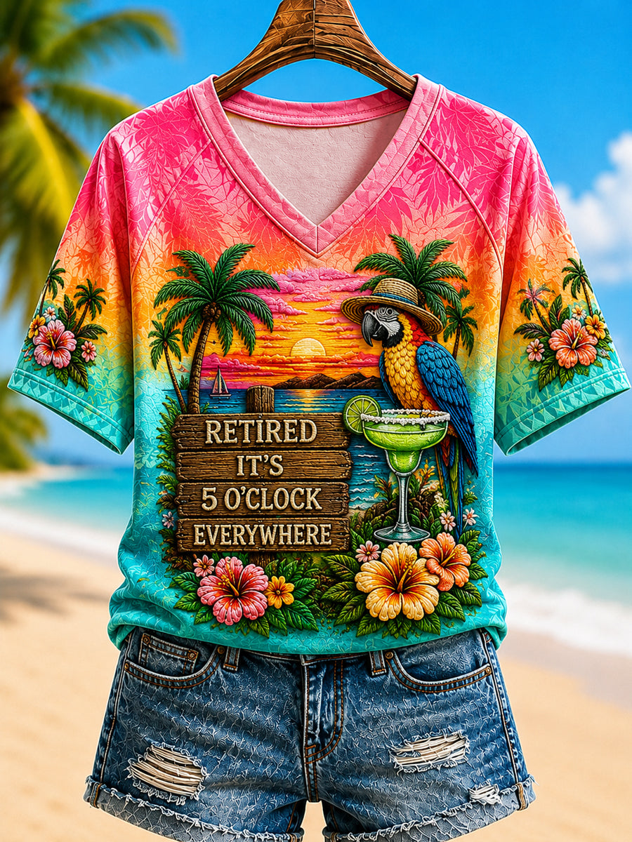 Women's I'm Retired It's 5 O'clock Everywhere Parrot V-neck Short Sleeve T-shirt