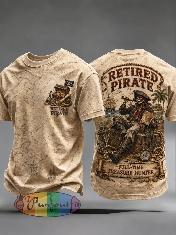 Men's Retro "Retired Pirate - Full-Time Treasure Hunter" Printed Casual T-shirt
