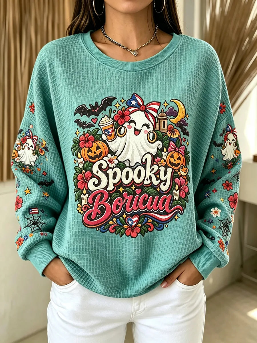 🎃Women's Halloween in Puerto Rico Print Waffle-Knit Top