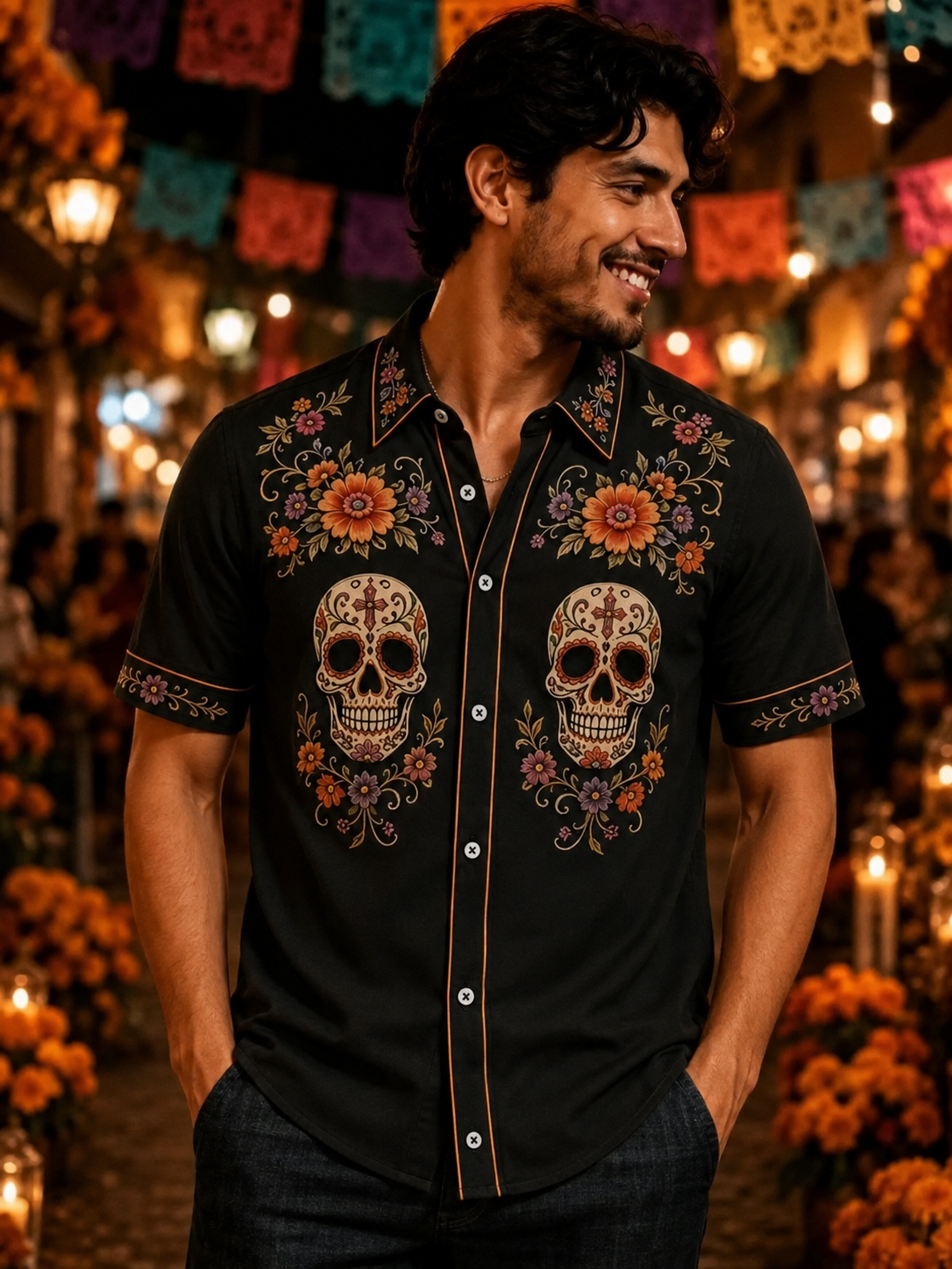 Men'S Day Of The Dead Print Short Sleeve Buttons Shirt