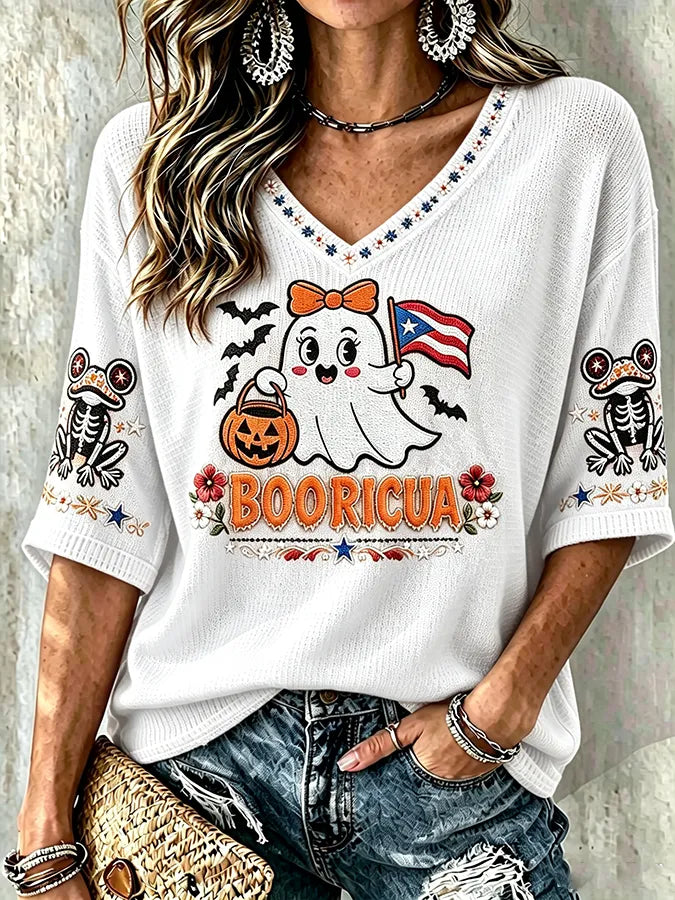 🎃Women's Halloween In Puerto Rico Print Waffle-Knit Top