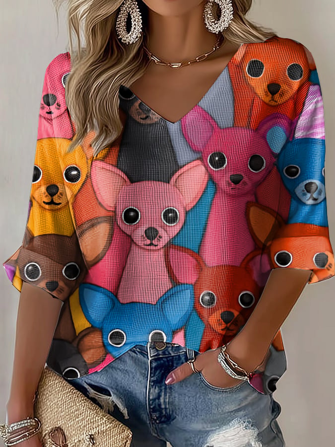 Women's Chihuahuas Print Waffle T-Shirt