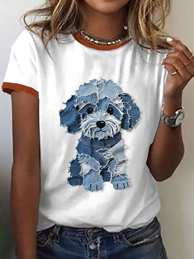Women's Retro Funny Animal Dog Print Crew Neck T-Shirt