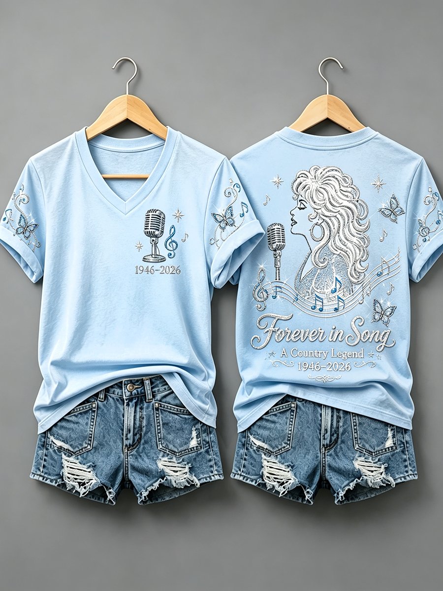 Women'S Casual Music-Themed Printed V-Neck Top
