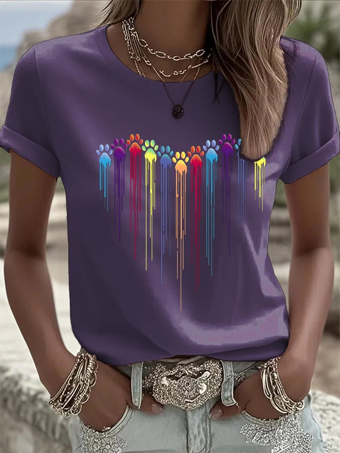 Women's Colorful Dog Heart Paw Print Casual T-Shirt