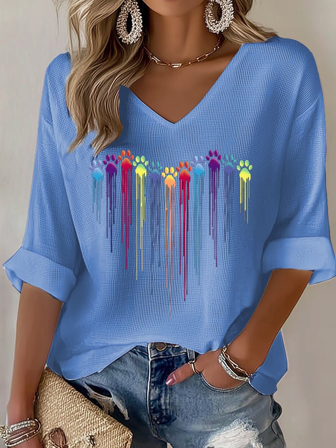 Women's Colorful Dog Heart Paw Print Casual Waffle T-Shirt