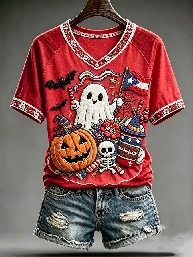🎃Women's Casual Boricua Halloween Printed Short-Sleeve T-Shirt