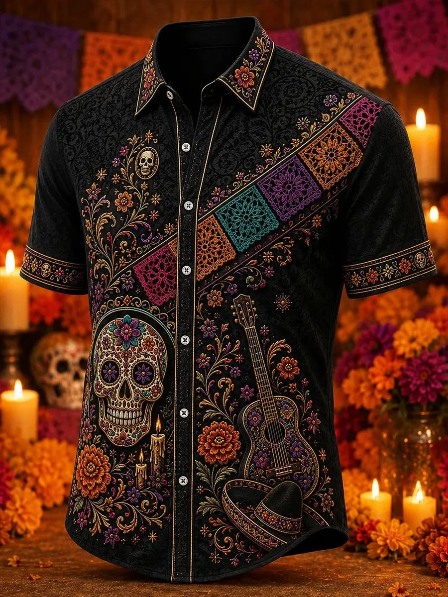 Men's Day Of The Dead Calavera Skull Guitar Colorful Flags Floral Print Short Sleeve Buttons Shirt