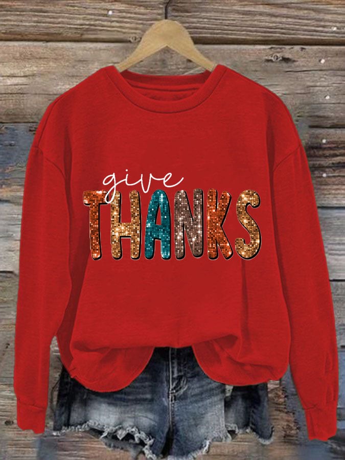 Women'S Casual Give Thanks Printed Long Sleeve Sweatshirt