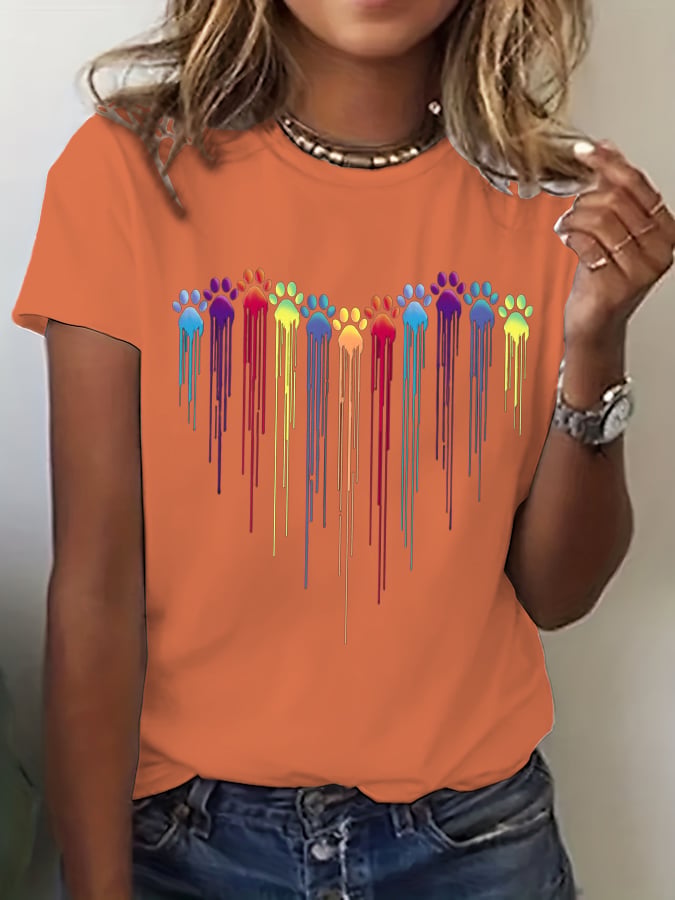 Women's Colorful Dog Heart Paw Print Casual T-shirt