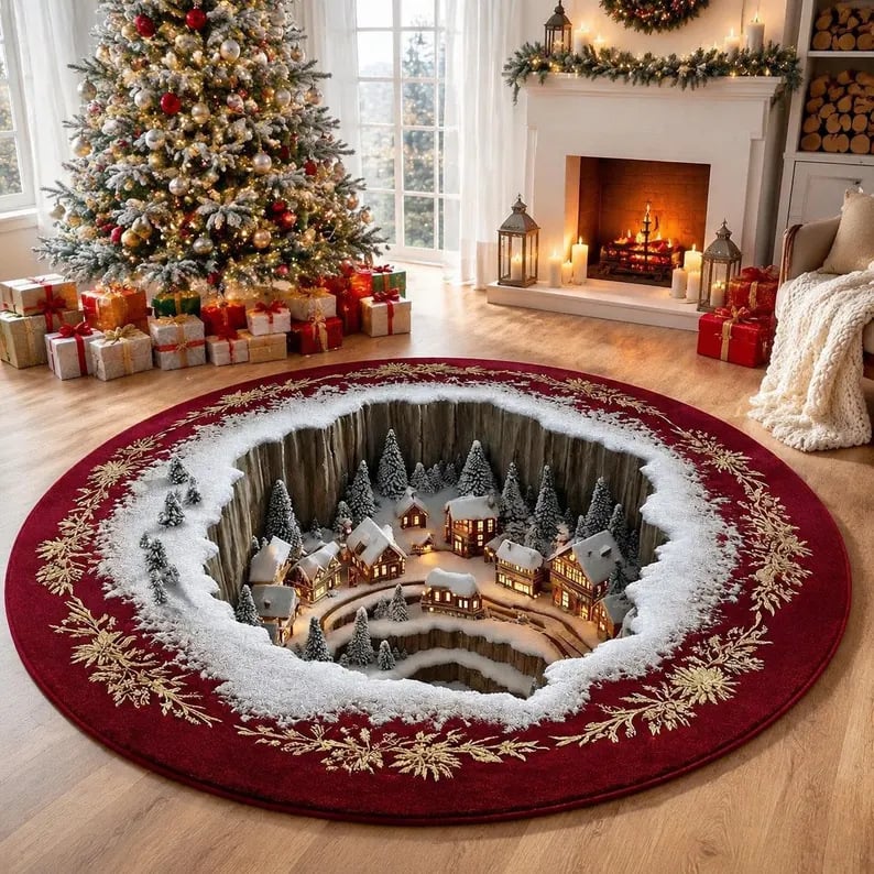 ๐3D Christmas Gnome Optical Illusion Round Rug | Fun Festive Home Decor MustโHaveโญ๐ ๐