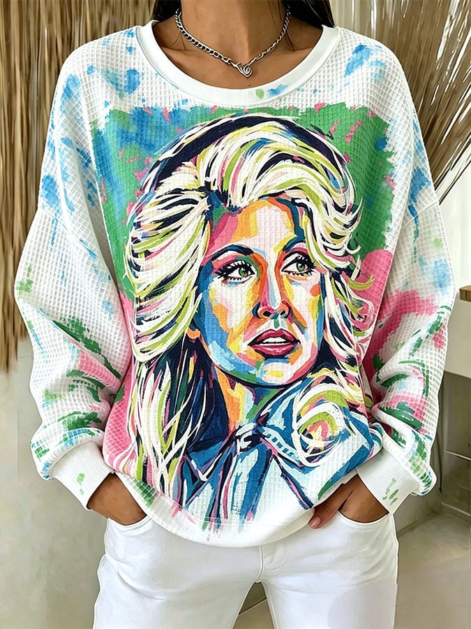 Women's Casual Printed Waffle Long-Sleeve Top