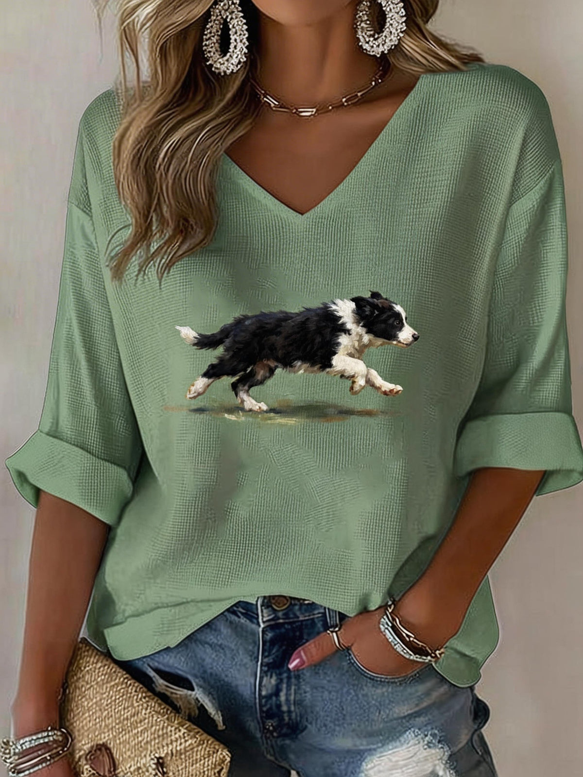 Women's Cute Dog Print V-Neck Top