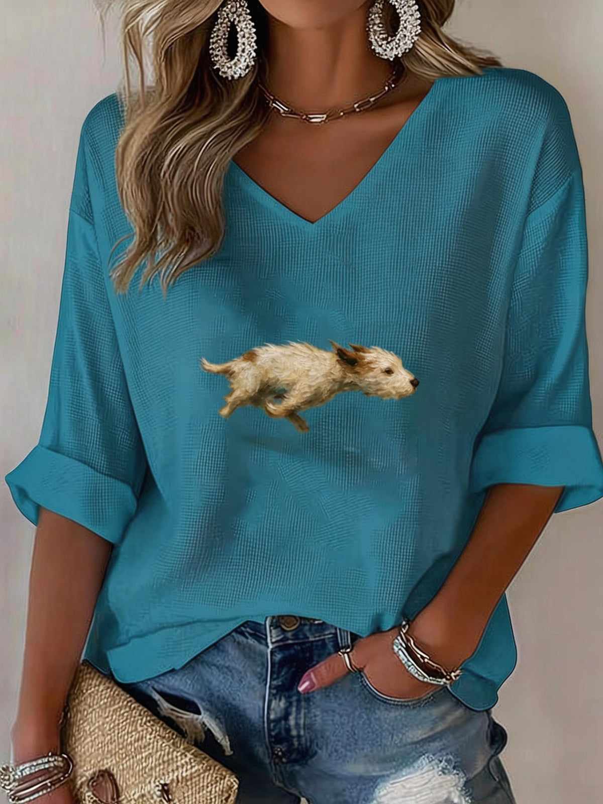 Women's Cute Dog Print V-Neck Top