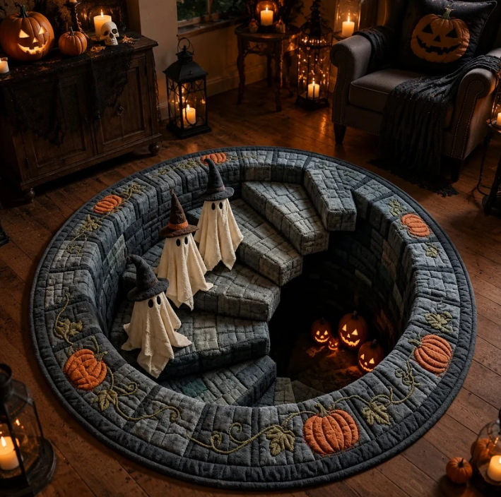 ๐ 3D Optical Illusion Skeleton Vortex Quilted Round Halloween Rug