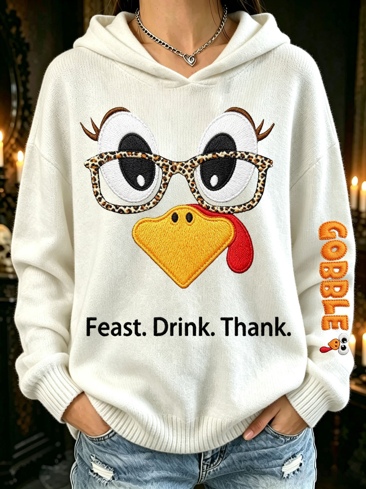 Women's Thanksgiving Turkey Feast. Drink. Thank. Printed Casual Hooded