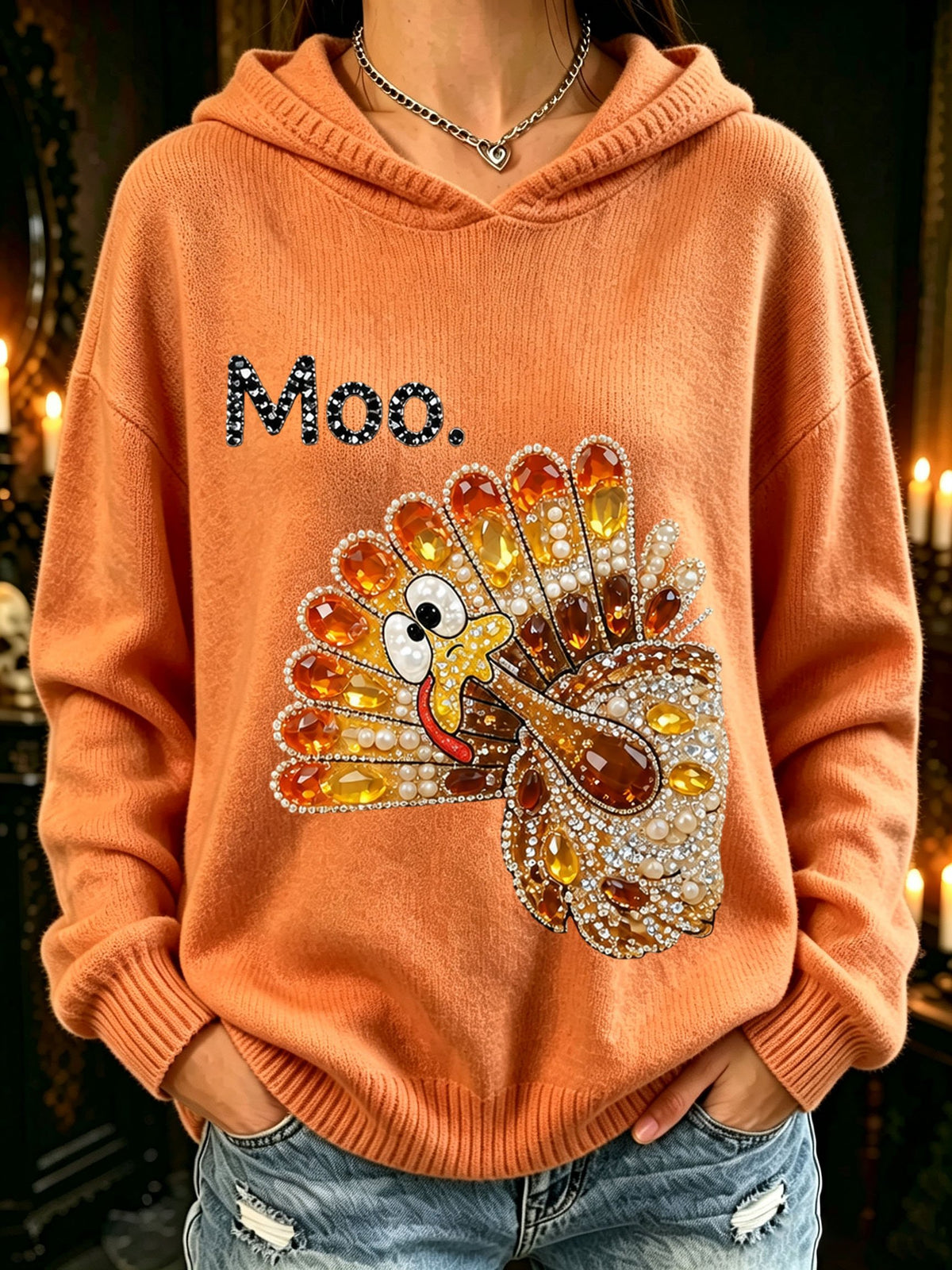 Women's Thanksgiving Turkey Moo. Printed Casual Hooded