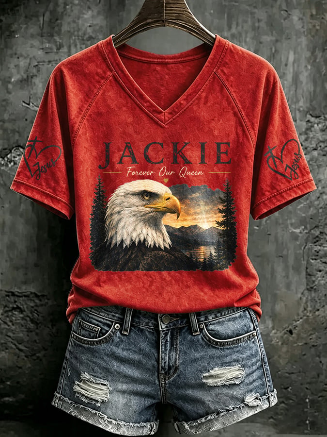 V Neck Retro Jackie Forever Our Queen Print T-Shirt