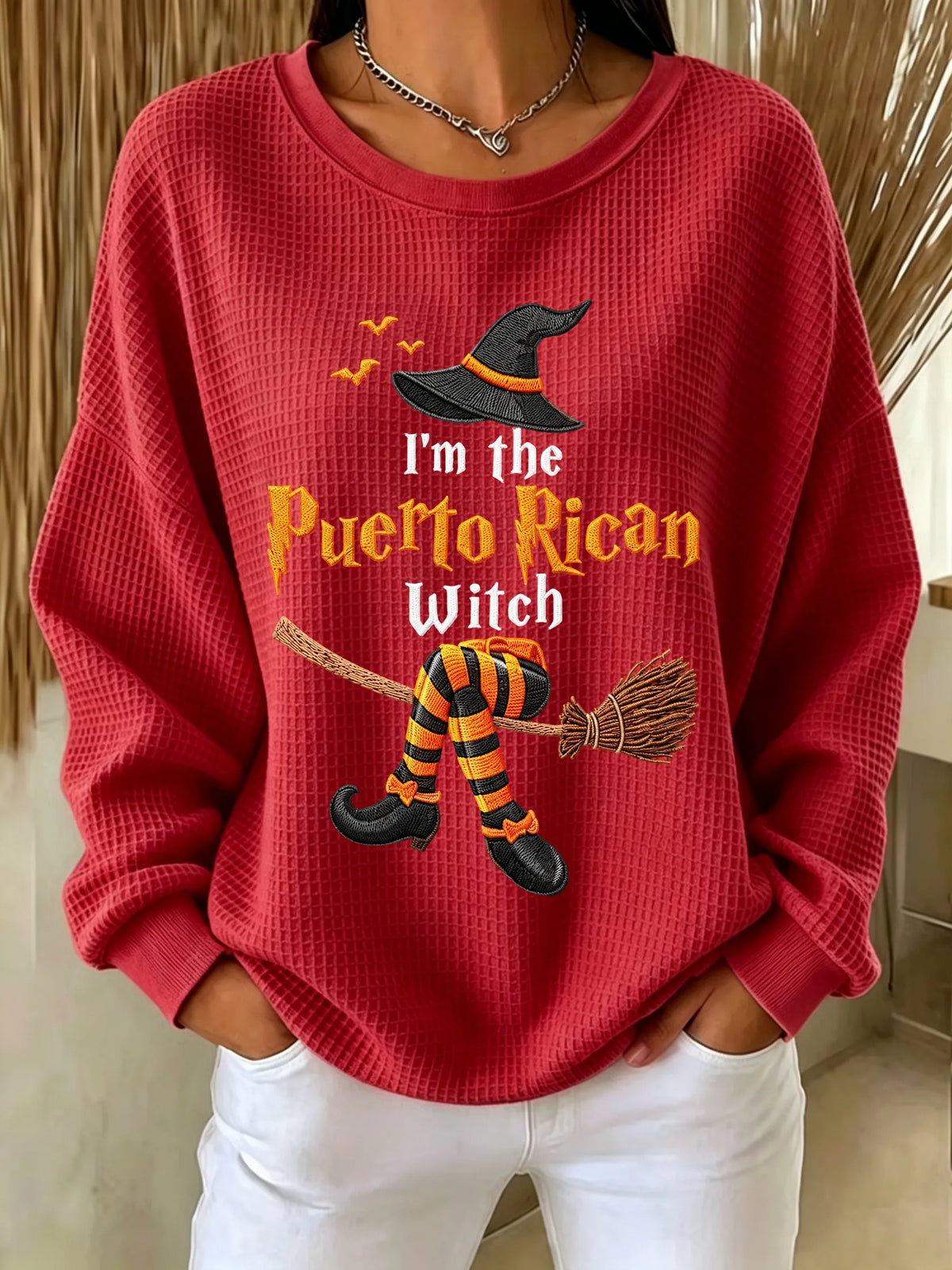 🎃Women's Halloween in Puerto Rico Print Waffle-Knit Top