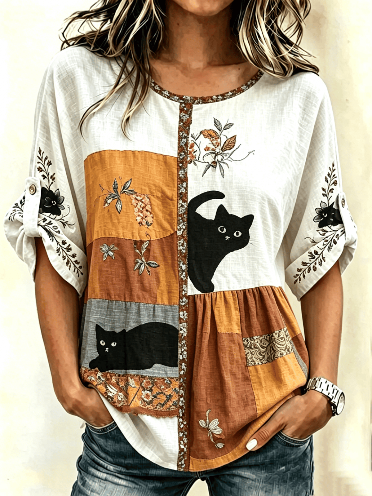 Women's Cotton Linen Retro Cat Print Shirt