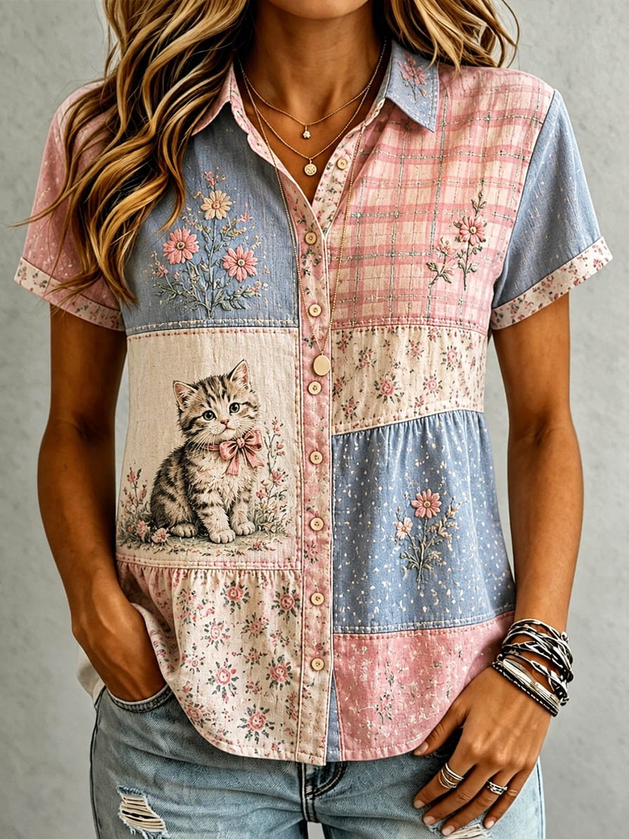 🐾 Buy 3 Save 10%🐱Women's Casual Cat Floral Print Shirt💛100% For Shelter Pets🐱🐶