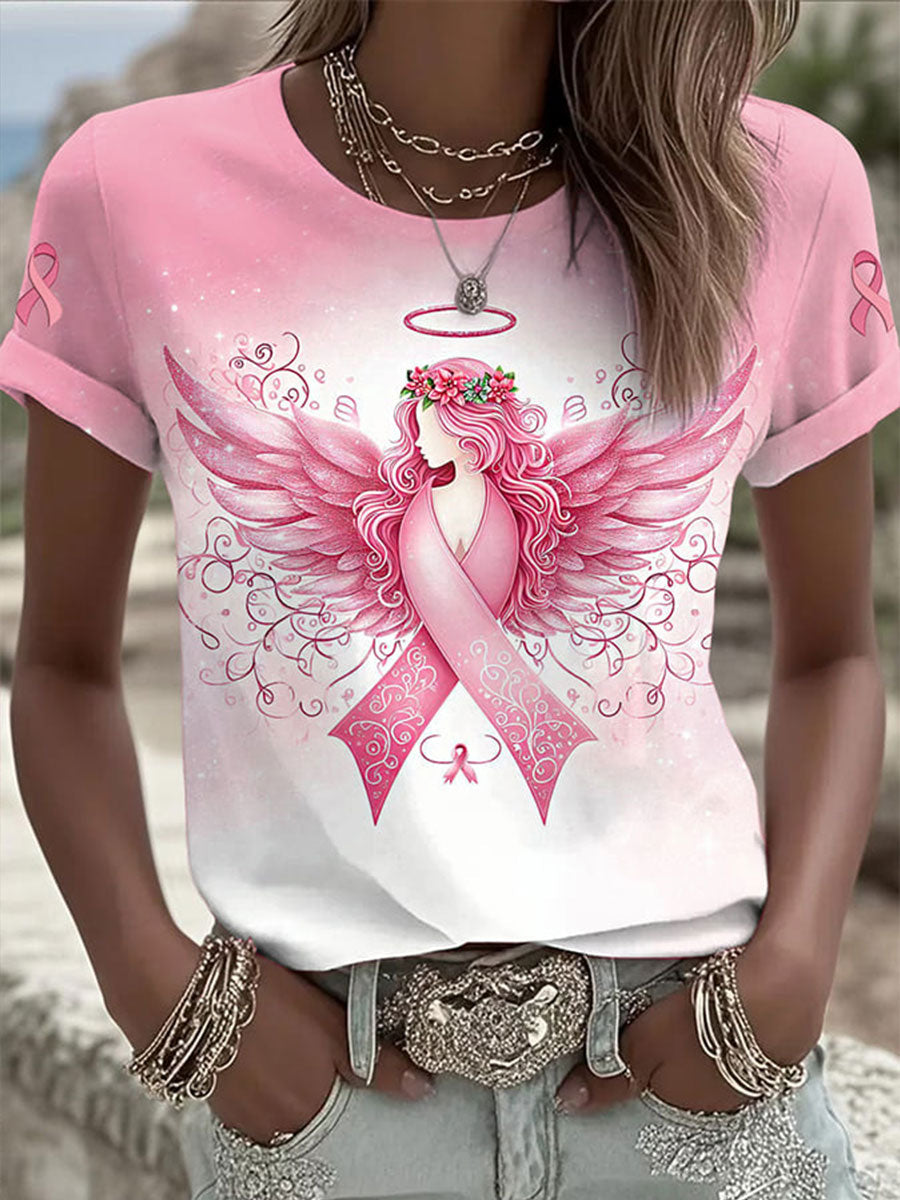 Women's Breast Cancer Awareness Print Round Neck T-Shirt