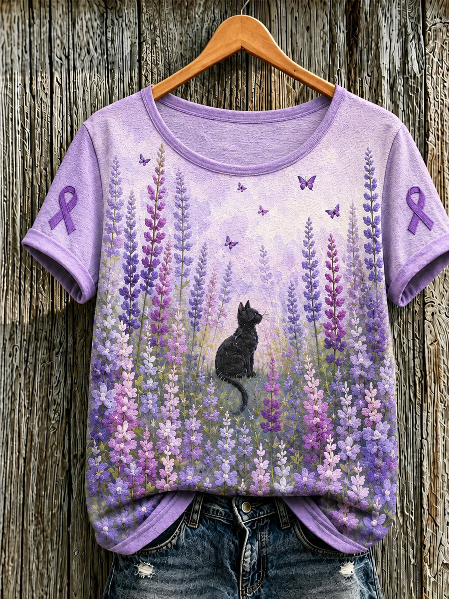Women's Alzheimer's Awareness Support Purple Floral & Cat Print Short-sleeved T-shirt