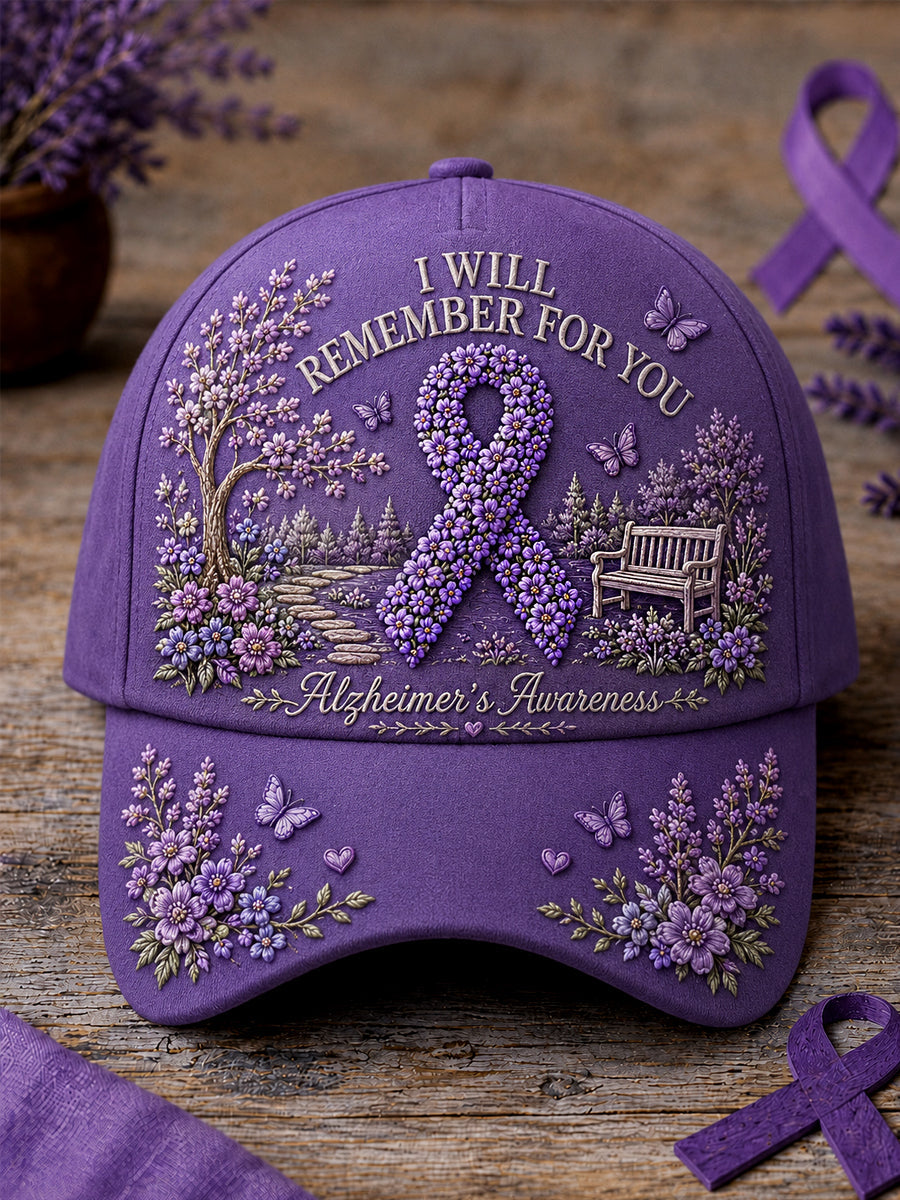 Unisex Purple Ribbon I Will Remember For You Print Alzheimer's Awareness Support Hat