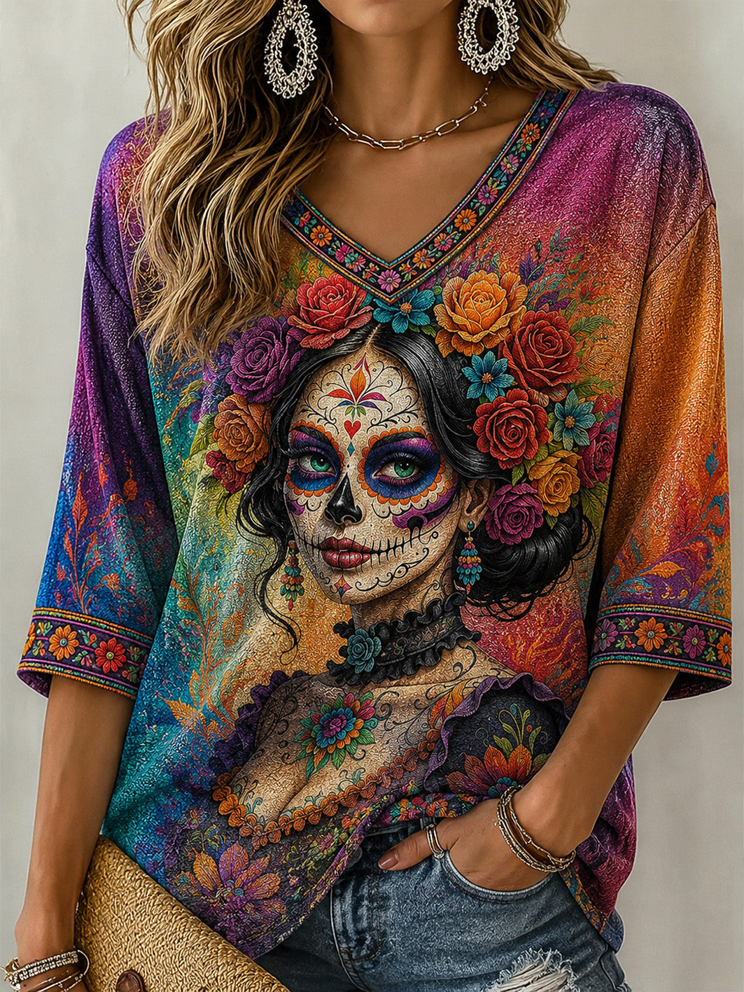 Women's Day Of the Dead Style Elements Pattern Print Casual Mid-length Sleeves V-Neck T-Shirt