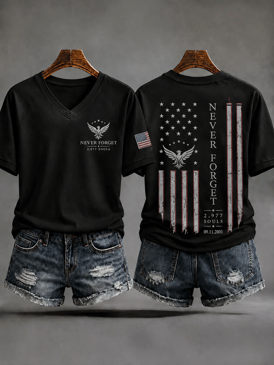 Women's 9.11 Never Forget Print V Neck T-shirt