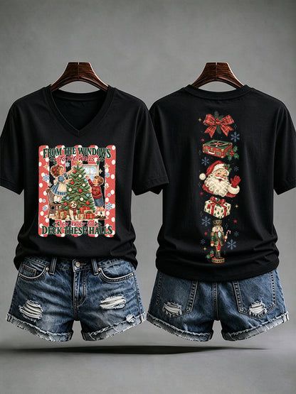 V-Neck Retro Christmas From Window To The Walls I'm About To Deck These Halls Print T-Shirt