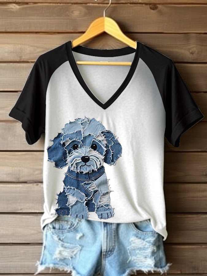 Women's Retro Funny Denim Patch Animal Dog Print Raglan Short Sleeve T-Shirt