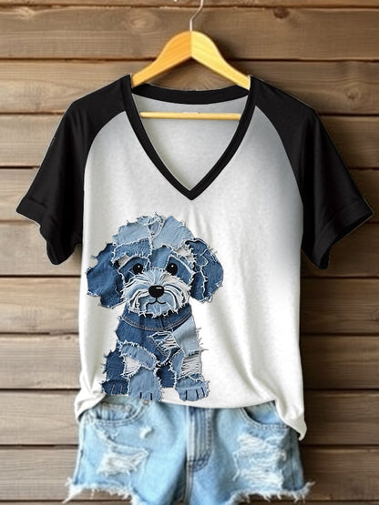 Women's Retro Funny Denim Patch Animal Dog Print Raglan Short Sleeve T-Shirt