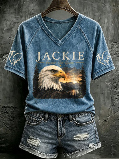 V Neck Retro Jackie Forever Our Queen Print T-Shirt