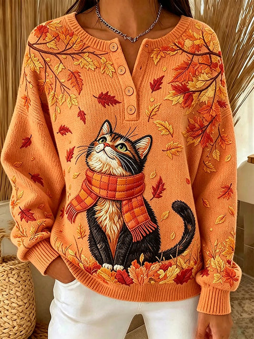 Women's Casual Print Button-Up Collar Knit Top