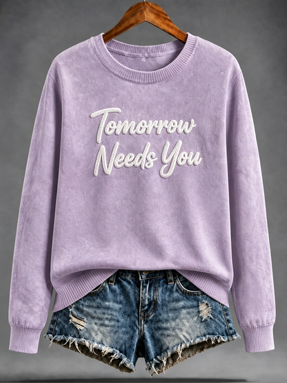 Women's Vintage Wash Soft Premium 100%Cotton Oversized Pullover Sweater - Embroidery Craftsmanship