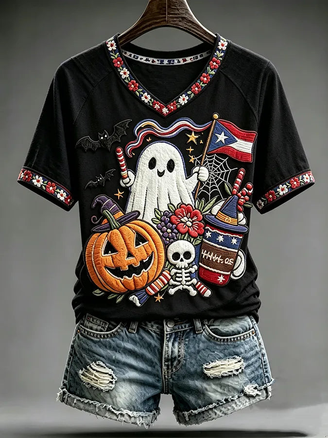 🎃Women's Casual Boricua Halloween Printed Short-Sleeve T-Shirt
