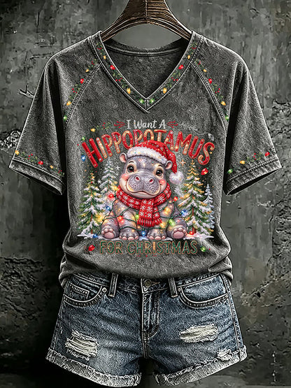 V Neck Retro I Want A Hippopotamus For Christmas Print T-Shirt