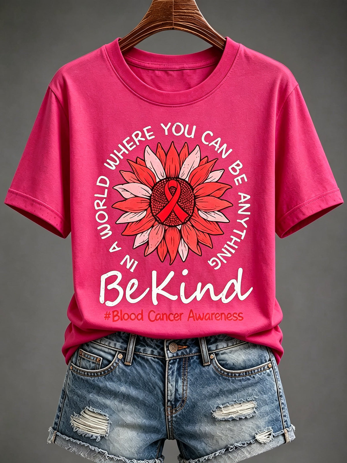 Women'S Blood Cancer Red Ribbon Health Awareness Round Neck T-Shirt