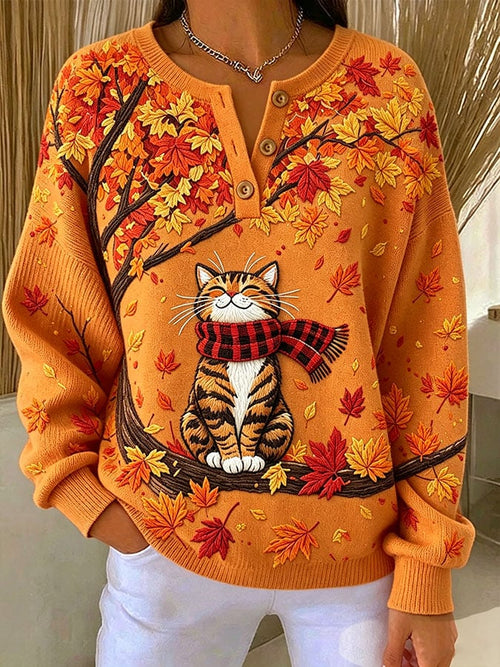 Women's Casual Print Button-Up Collar Knit Top